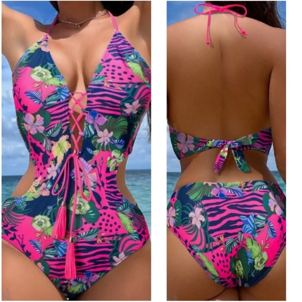 Boho Floral Print Tropical One Piece Monokini Swim Beach S M L XL